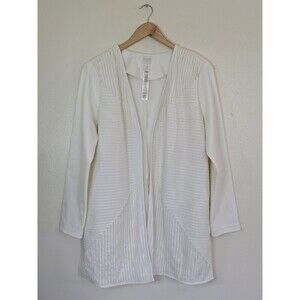 Chicos Knit Leather Duster Jacket Open Front Womens 2 Ivory Travelers Collection
